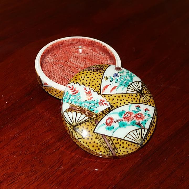 茶道具　九谷焼　香合　三ツ井為吉　吉田屋色絵扇面