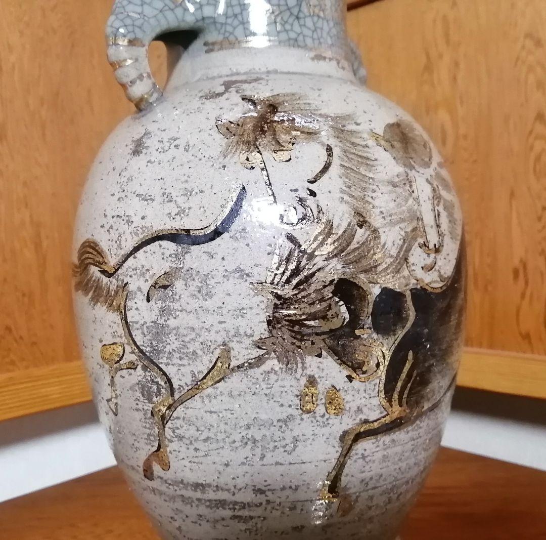 相馬焼　双駒　金彩　双耳大花瓶　希少品　大正期頃　高さ約34cm　骨董　古美術