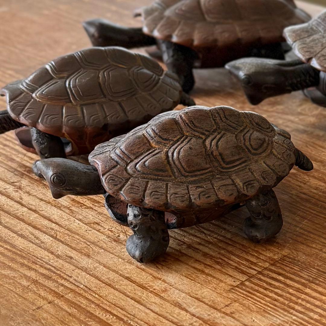 SNT105 備前焼 在銘【郁明】からくり 可動式 亀 5体 縁起物 時代物