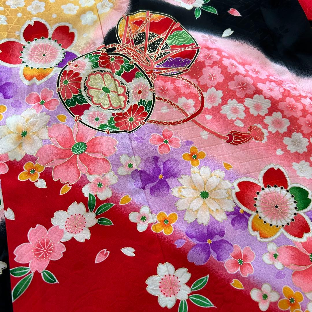 正絹　七五三 女の子7歳着物・帯セット　黒　レトロ　アンティーク