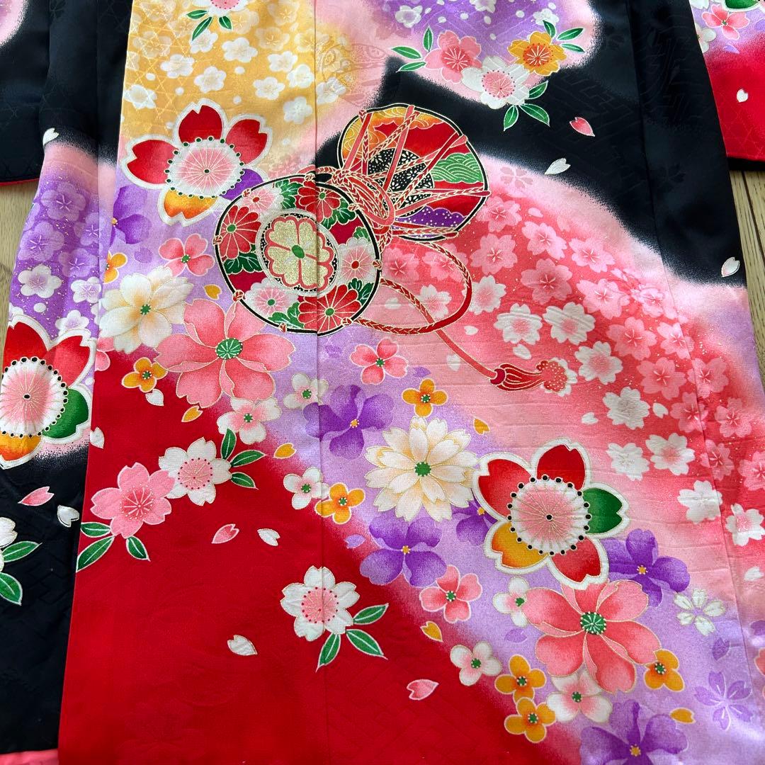 正絹　七五三 女の子7歳着物・帯セット　黒　レトロ　アンティーク