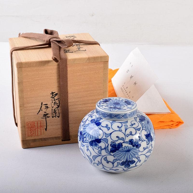茶道具　古陶園　竹鳳窯　伊藤伊平作　染付菊唐草文　茶壺　共布共箱　V　8013