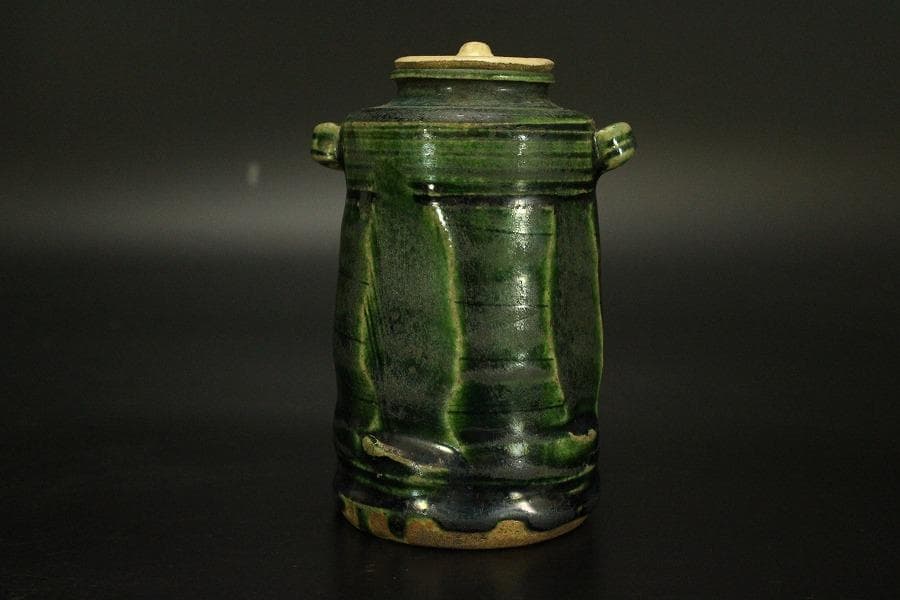 古美術 茶道具 青織部 時代 茶入(A776)