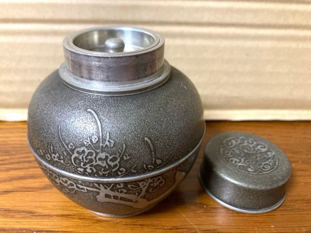 希少 ビンテージ 錫製 茶壷 茶道具 古美術 骨董 刻インテリア レトロ 当時物