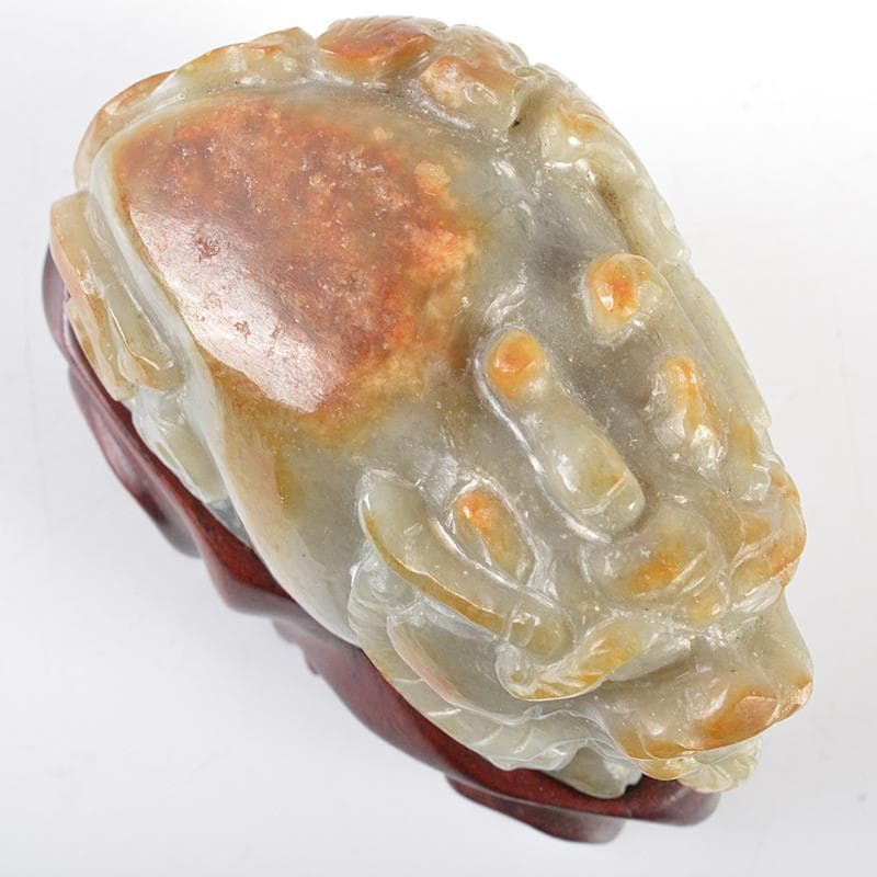 中国　玉石彫刻　神獣　紙鎮　置物　唐木台付　C　R5414