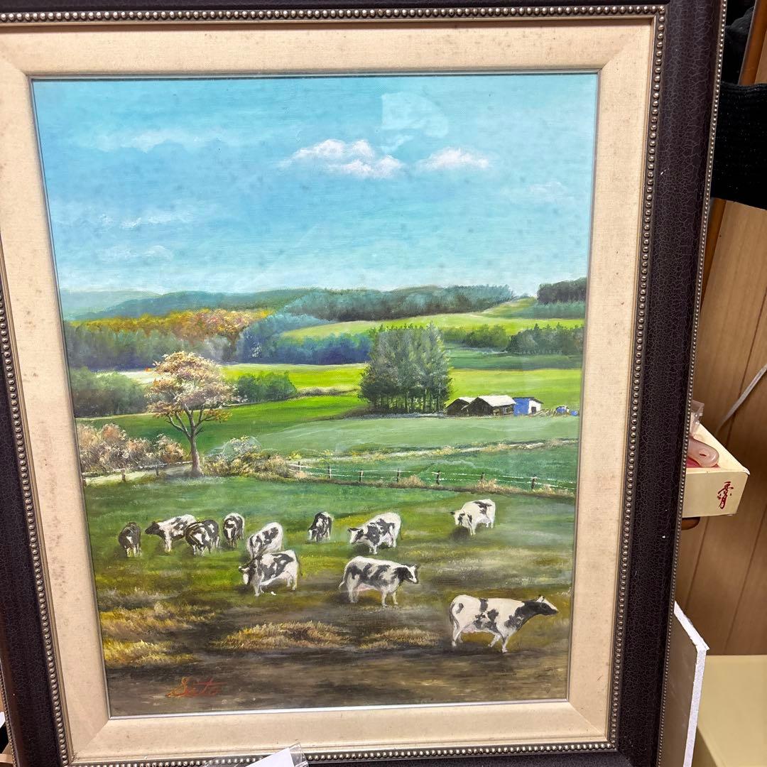 油彩画 牧場の風景 牛たち