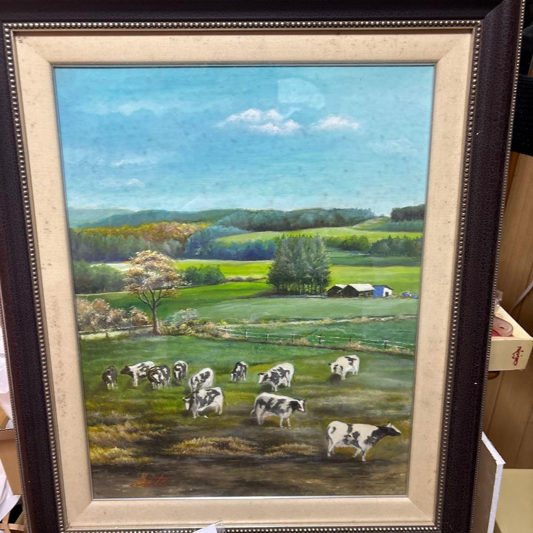 油彩画 牧場の風景 牛たち