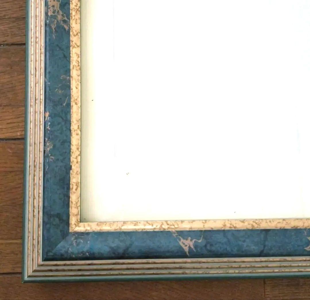 モスグリーンと藍色との中間色と金の木製ガラス水彩画用額縁 61.5×49.5cm