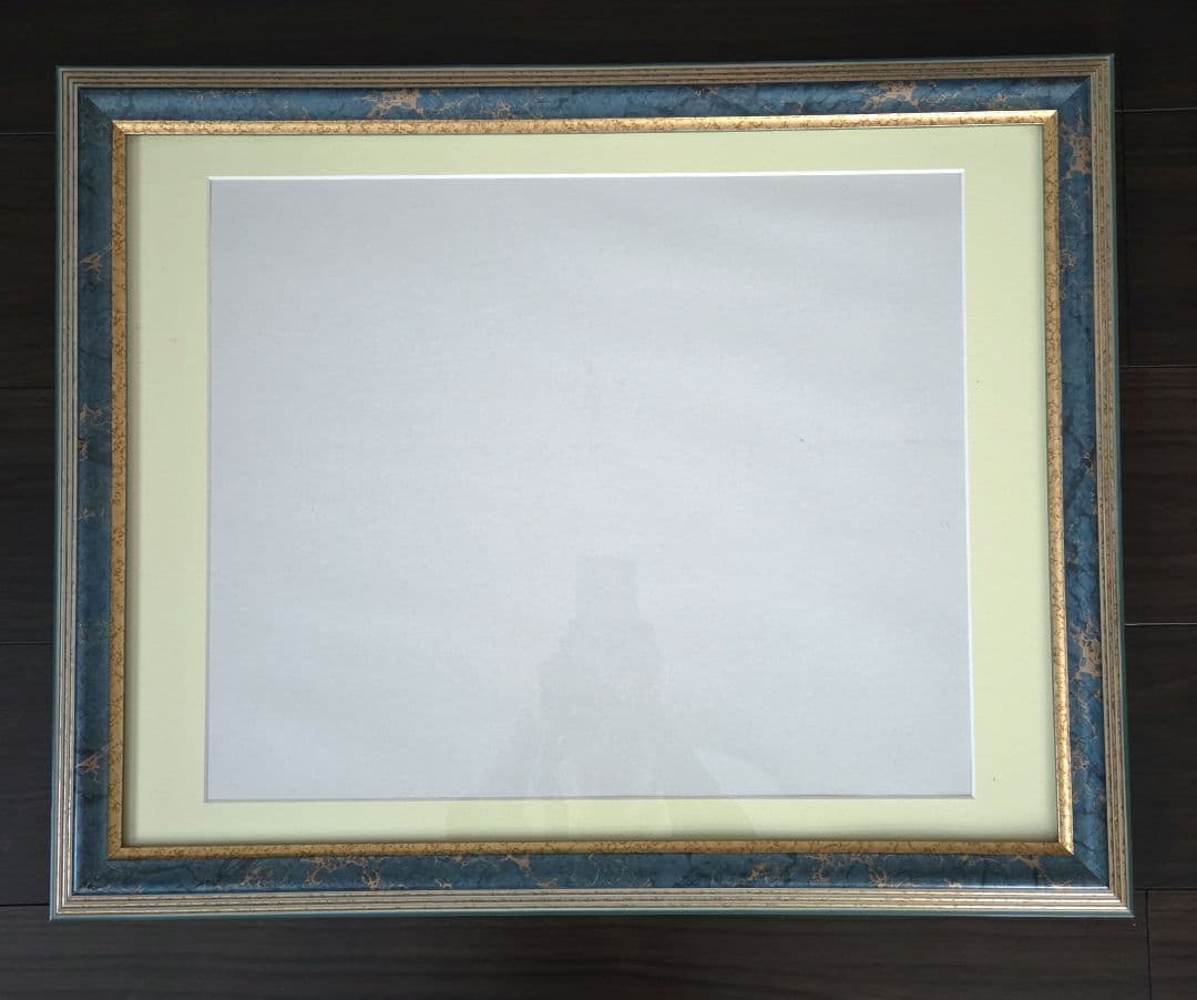 モスグリーンと藍色との中間色と金の木製ガラス水彩画用額縁 61.5×49.5cm