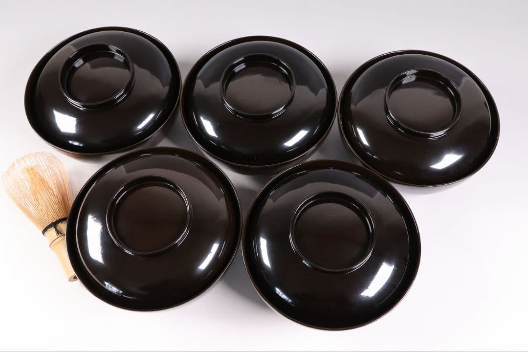 【MB191】輪島塗 宝尽くし金蒔絵 黒塗椀 五客 天然木漆塗 大正昭和 茶懐石