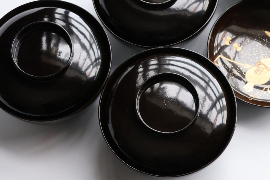 【MB191】輪島塗 宝尽くし金蒔絵 黒塗椀 五客 天然木漆塗 大正昭和 茶懐石