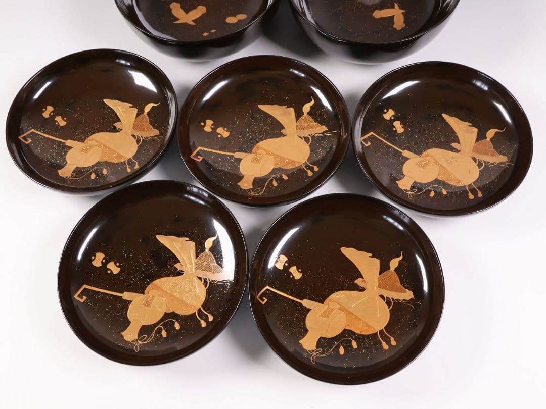 【MB191】輪島塗 宝尽くし金蒔絵 黒塗椀 五客 天然木漆塗 大正昭和 茶懐石