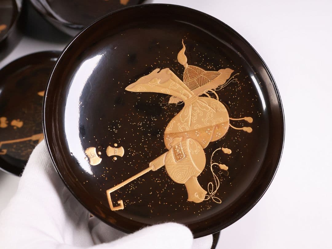 【MB191】輪島塗 宝尽くし金蒔絵 黒塗椀 五客 天然木漆塗 大正昭和 茶懐石