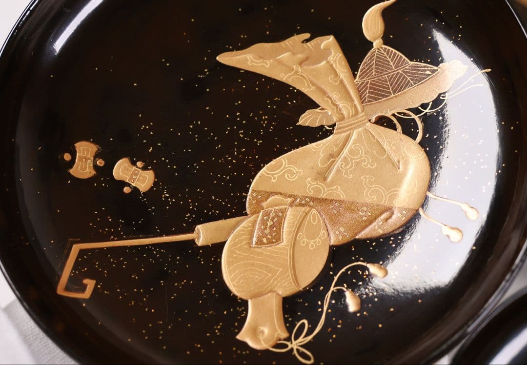 【MB191】輪島塗 宝尽くし金蒔絵 黒塗椀 五客 天然木漆塗 大正昭和 茶懐石