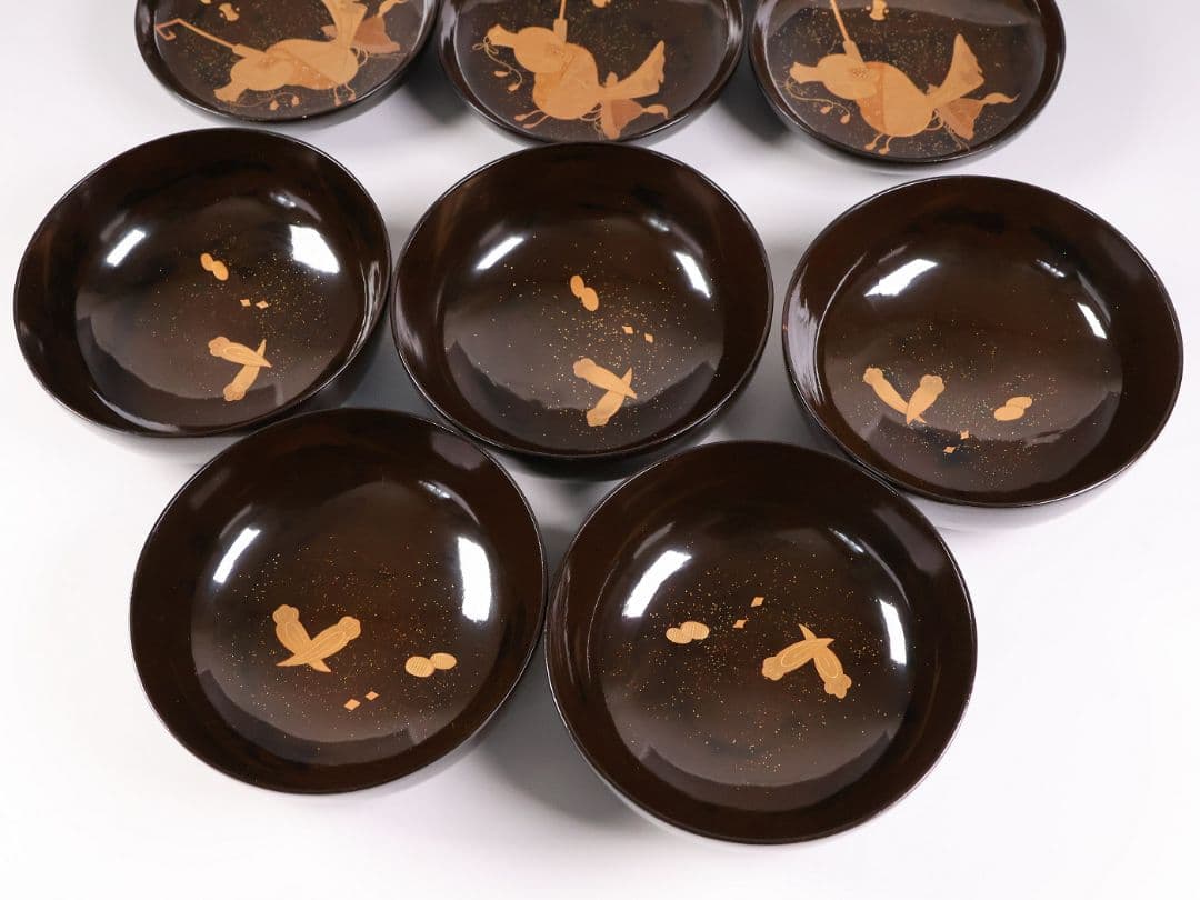 【MB191】輪島塗 宝尽くし金蒔絵 黒塗椀 五客 天然木漆塗 大正昭和 茶懐石