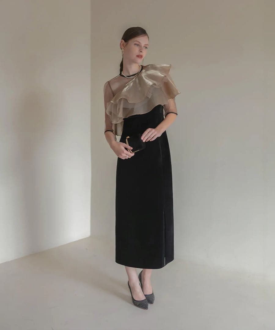 【Leja】アシンメトリーティアードフリル3WAYベロアワンピースドレス