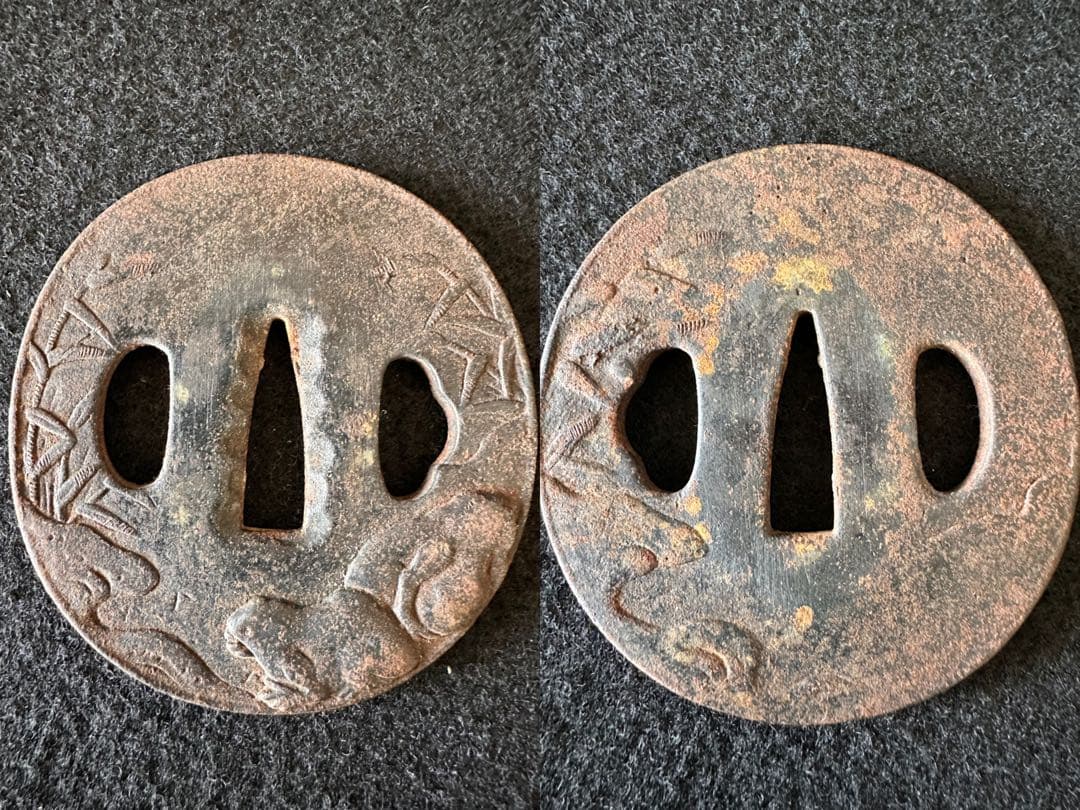刀装具　 脇差　拵え　鉄地蛙図鍔　獅子目貫　時代 武具　 骨董　古美術　現状B