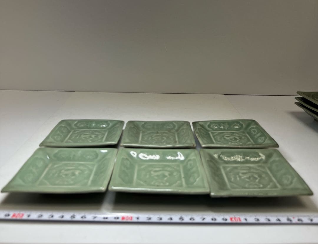 江戸後期　三田青磁鹿文角皿12枚　木箱付　東Y8-0122☆2Fトヒル