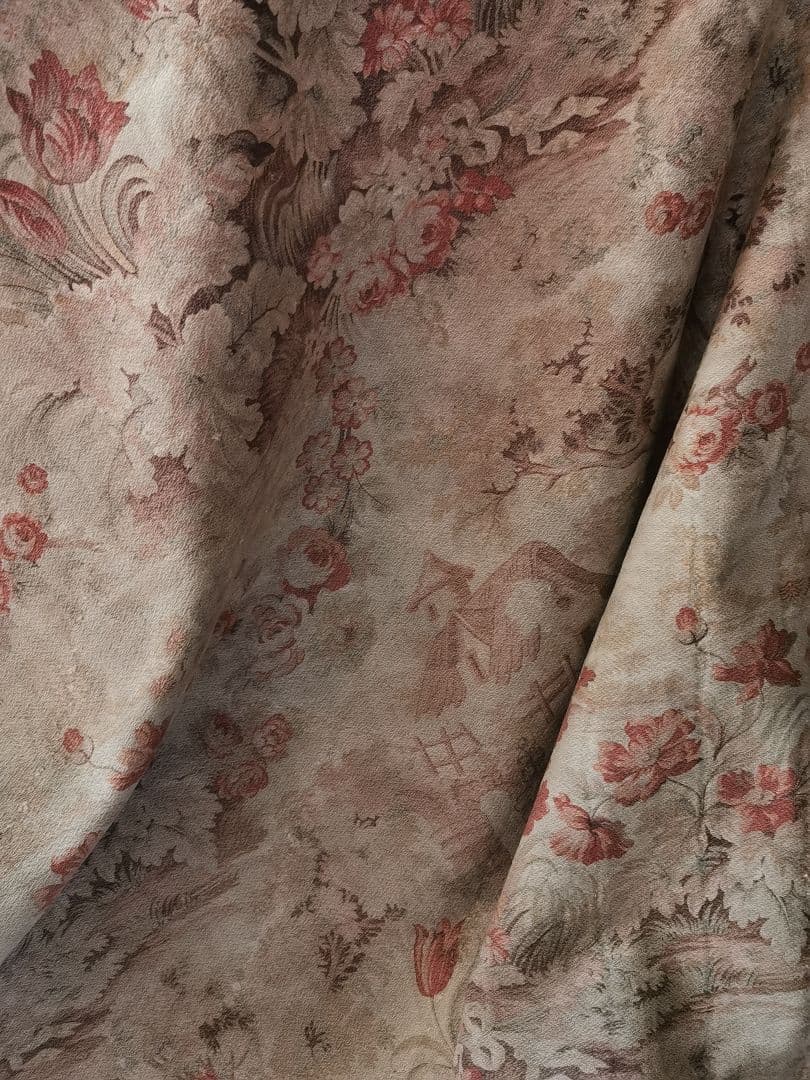 アンティークフランス トワルドジュイ 家と薔薇チューリップ ボビンレースカーテン