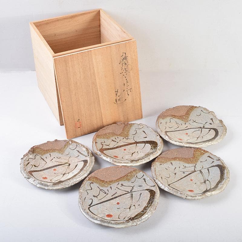 和食器　唐津焼　絵唐津　鉄絵　丸皿　銘々皿　五客　在銘　共箱　V　R9161B