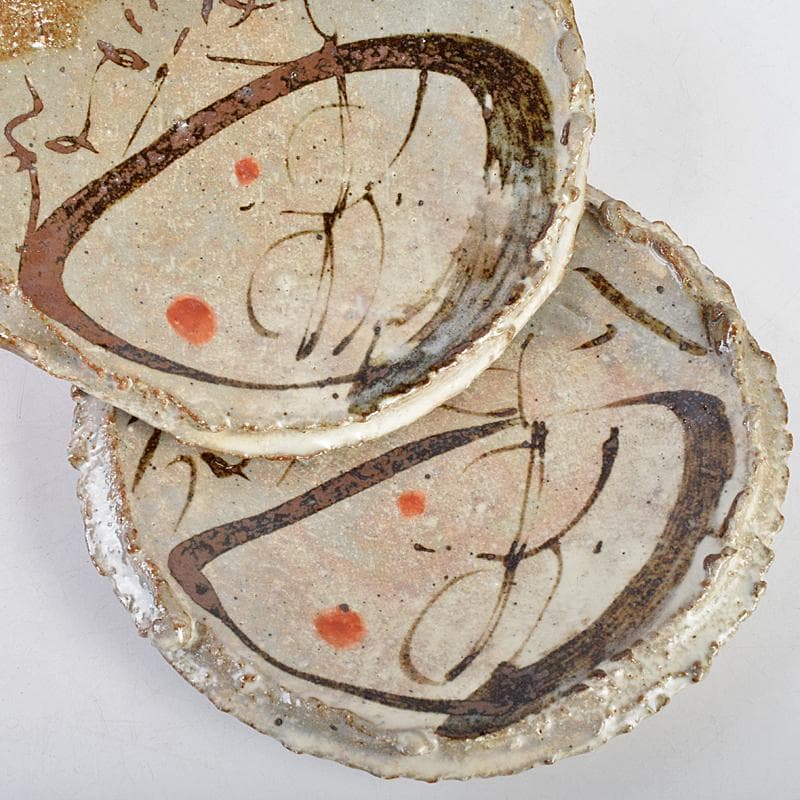 和食器　唐津焼　絵唐津　鉄絵　丸皿　銘々皿　五客　在銘　共箱　V　R9161B