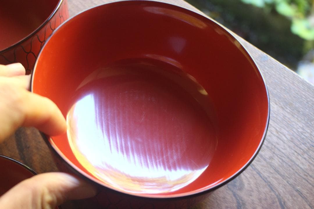極小傷有！極上朱漆に風情ある網目文の映える大椀2点（検輪島塗懐石道具茶道具懐石椀