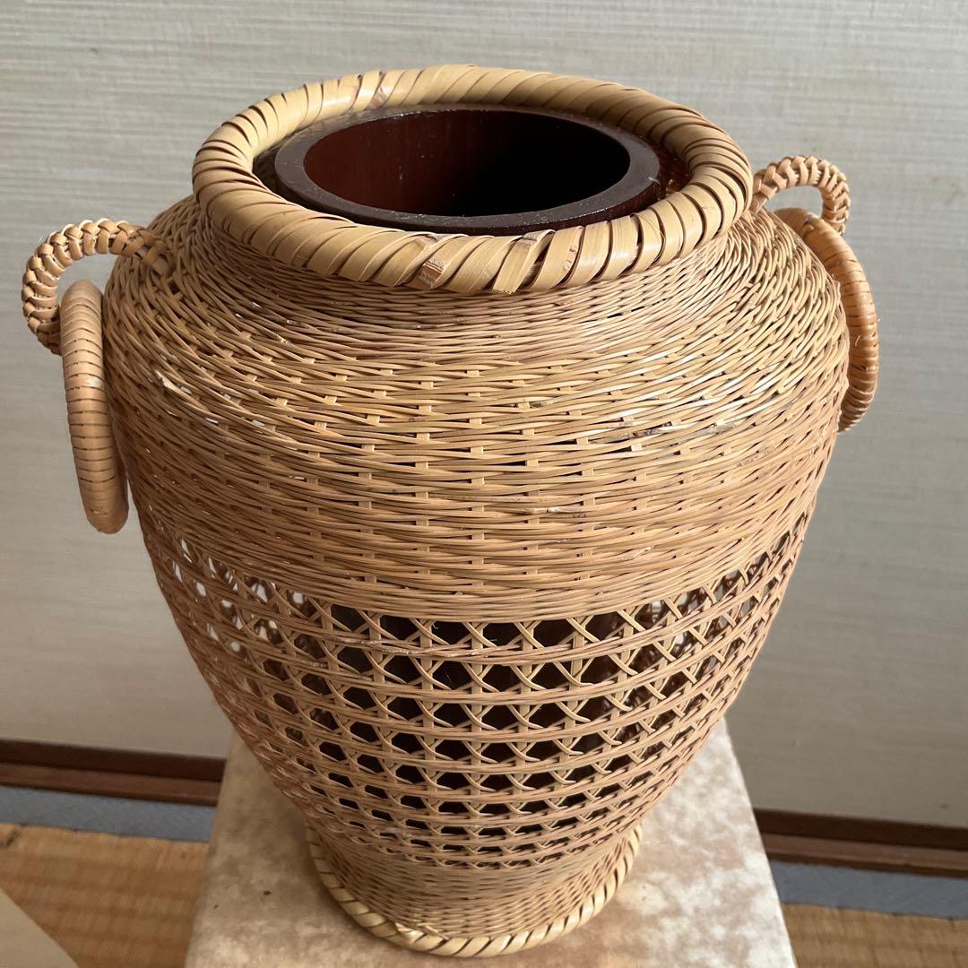 竹清作 花入耳付花籠竹籠 竹細工 細密編 茶道具