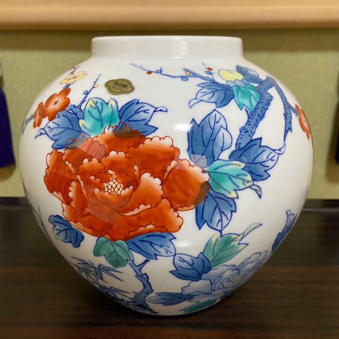 【有田焼 鍋島焼 梅牡丹 和泉作】アンティーク 新品 花器 壺 床の間