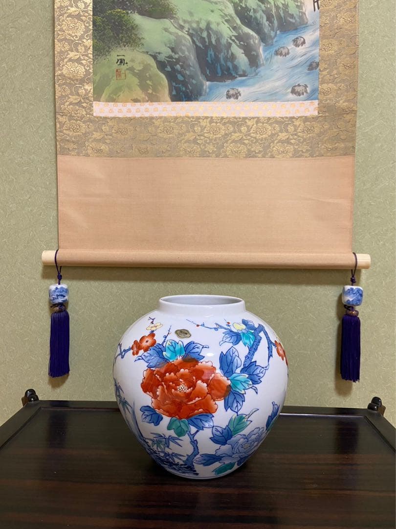 【有田焼 鍋島焼 梅牡丹 和泉作】アンティーク 新品 花器 壺 床の間