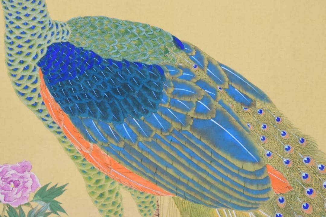 【真作】中井玉鳳/孔雀図/牡丹に孔雀/掛軸/名家伝来/AA-884