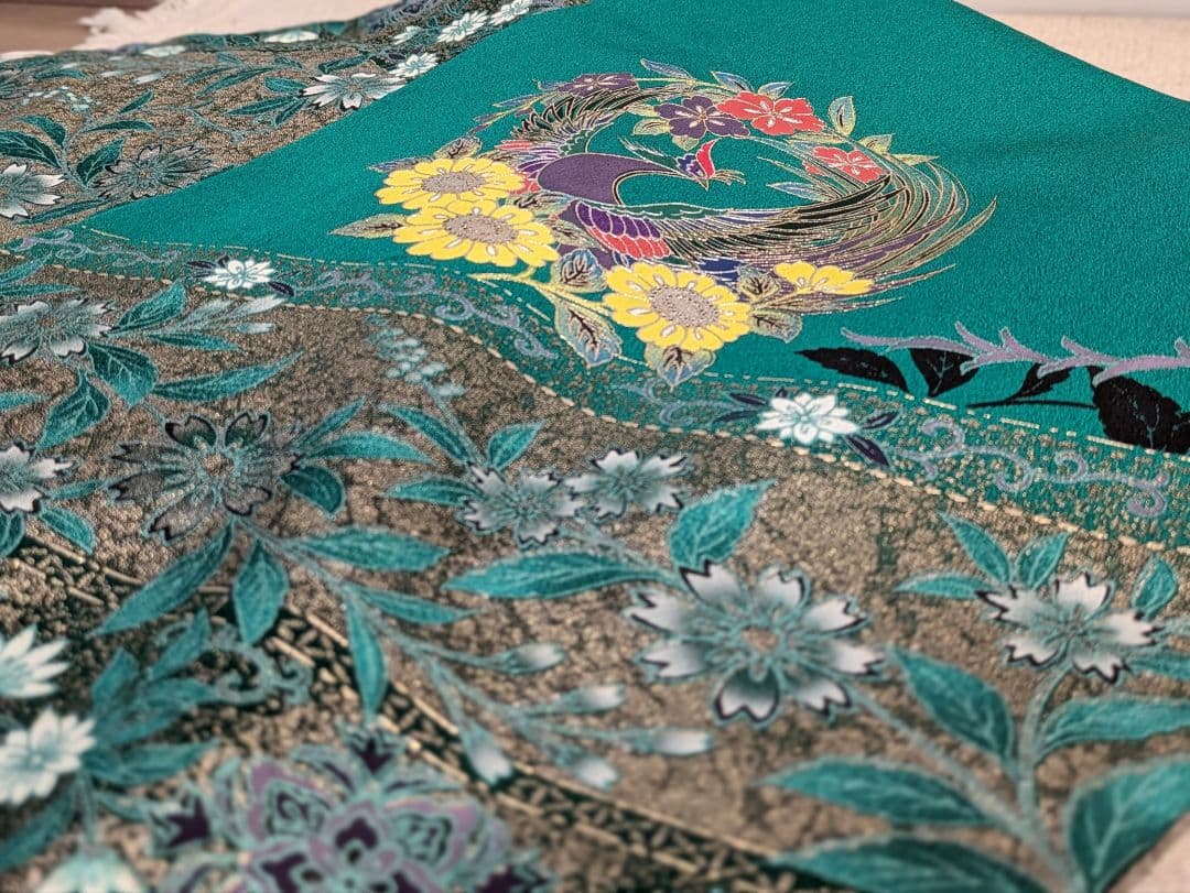 振袖フルセット 身丈164裄70 豪華振袖 金銀彩 緑 黒 更紗 逸品 成人式