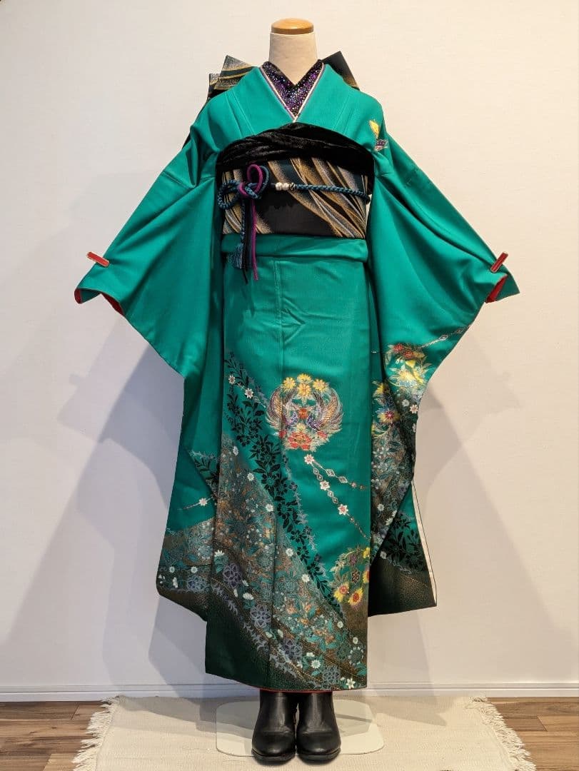 振袖フルセット 身丈164裄70 豪華振袖 金銀彩 緑 黒 更紗 逸品 成人式