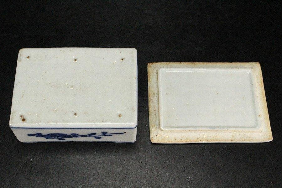 中国美術 青花 草花紋 四方 香合 蓋物 茶道具伝来 清 旧家蔵出