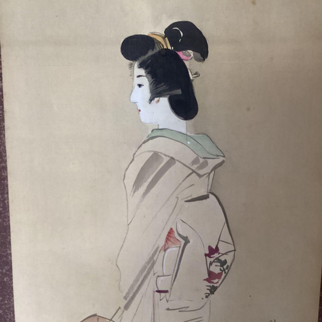 鈴木棲鳳筆　　立ち姿美人画【晩　夏　美　人　図】　絹本掛軸一幅　　555