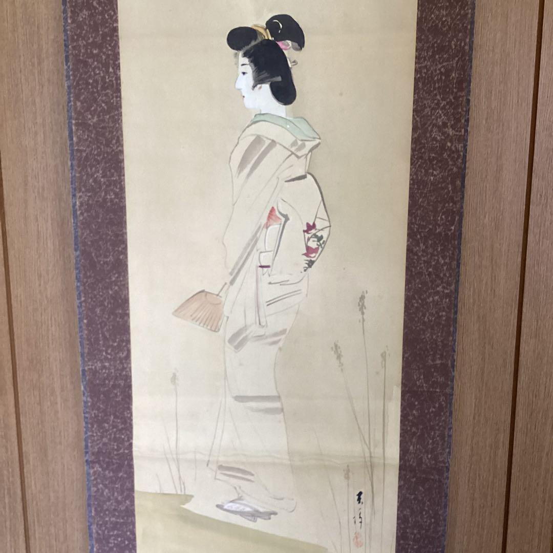 鈴木棲鳳筆　　立ち姿美人画【晩　夏　美　人　図】　絹本掛軸一幅　　555