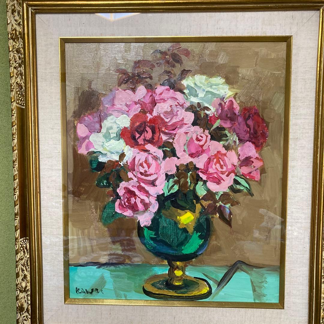 高島屋シール　河井達海　８号花瓶　薔薇　油彩画