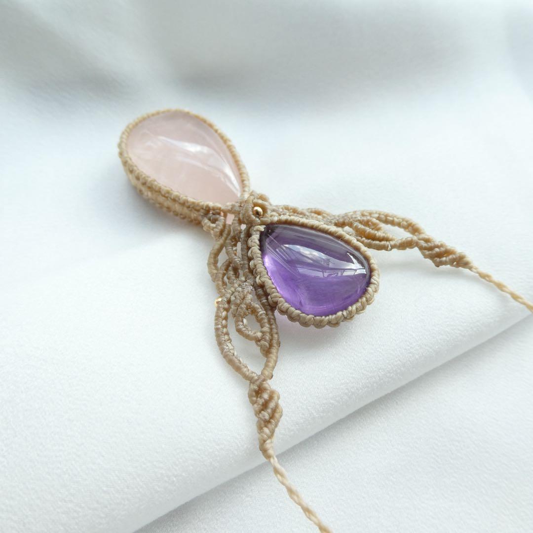 ローズクォーツ・アメジストのマクラメネックレス