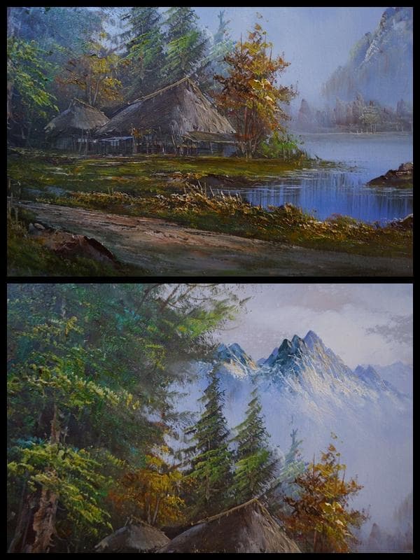 大型油絵『山水風景』肉筆油絵 風景画 作者在銘 木製額★時代物★