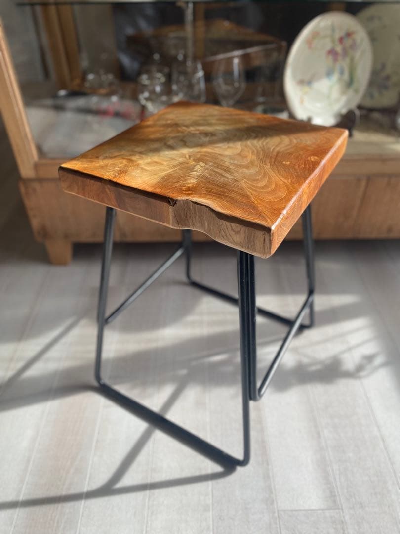 スツール／チーク材一枚板×スチール製脚／インダストリアル／ヴィンテージ風