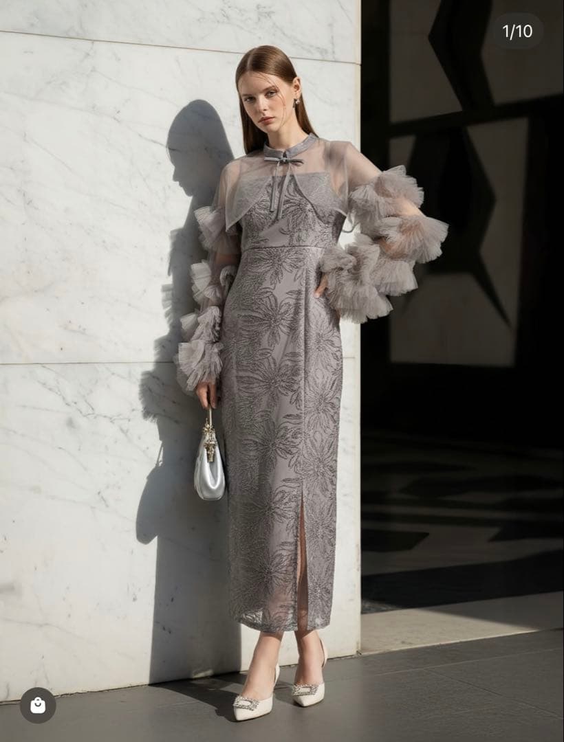 フリルチュールスリープリボンIラインワンピースドレス