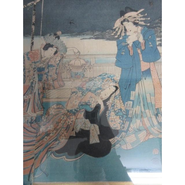江戸版画歌川国貞美人画三枚綴り額入り [B28135]