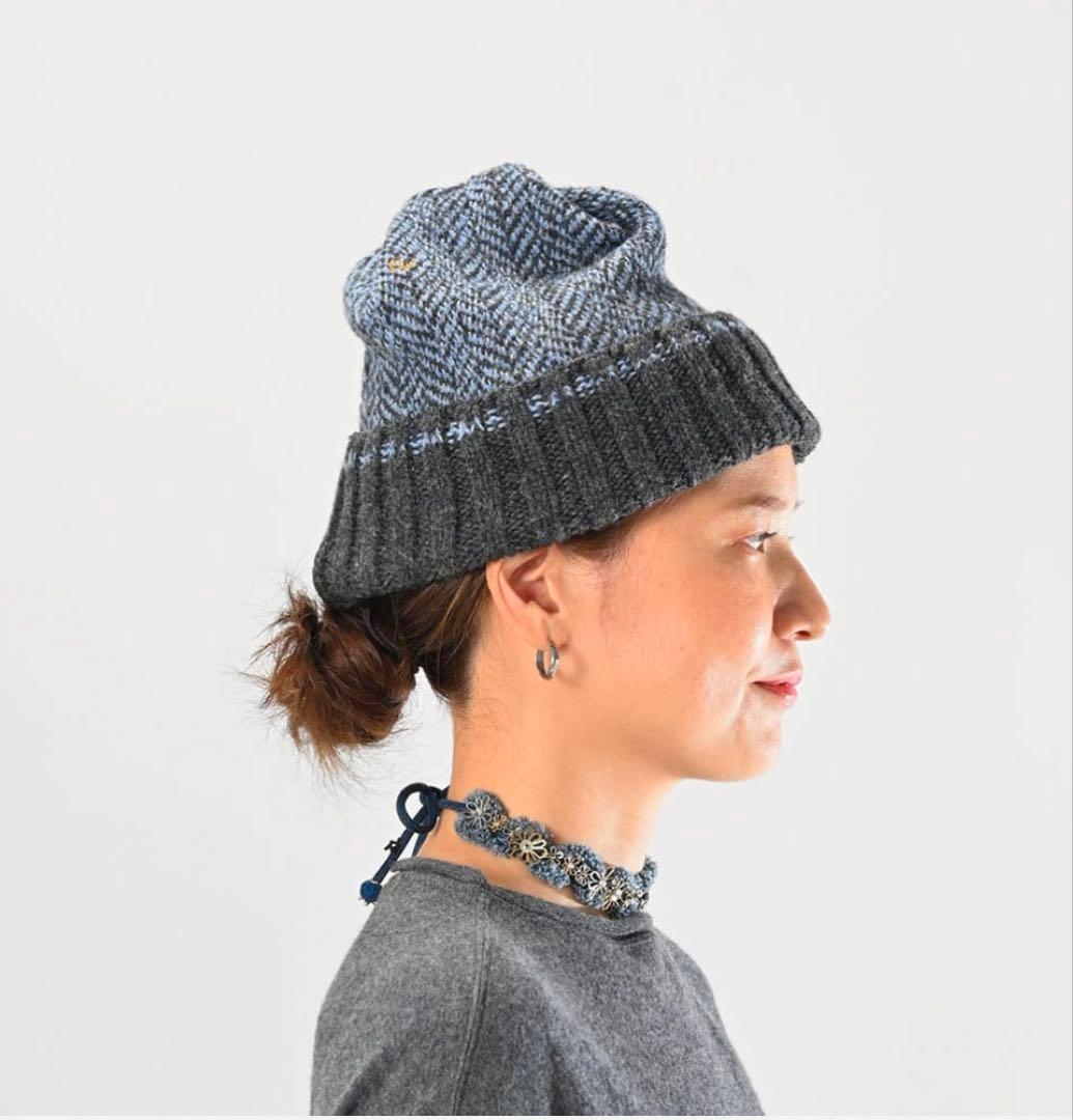 24AW 45Rシェットランドヘリンボンのニット帽 ネイビー系