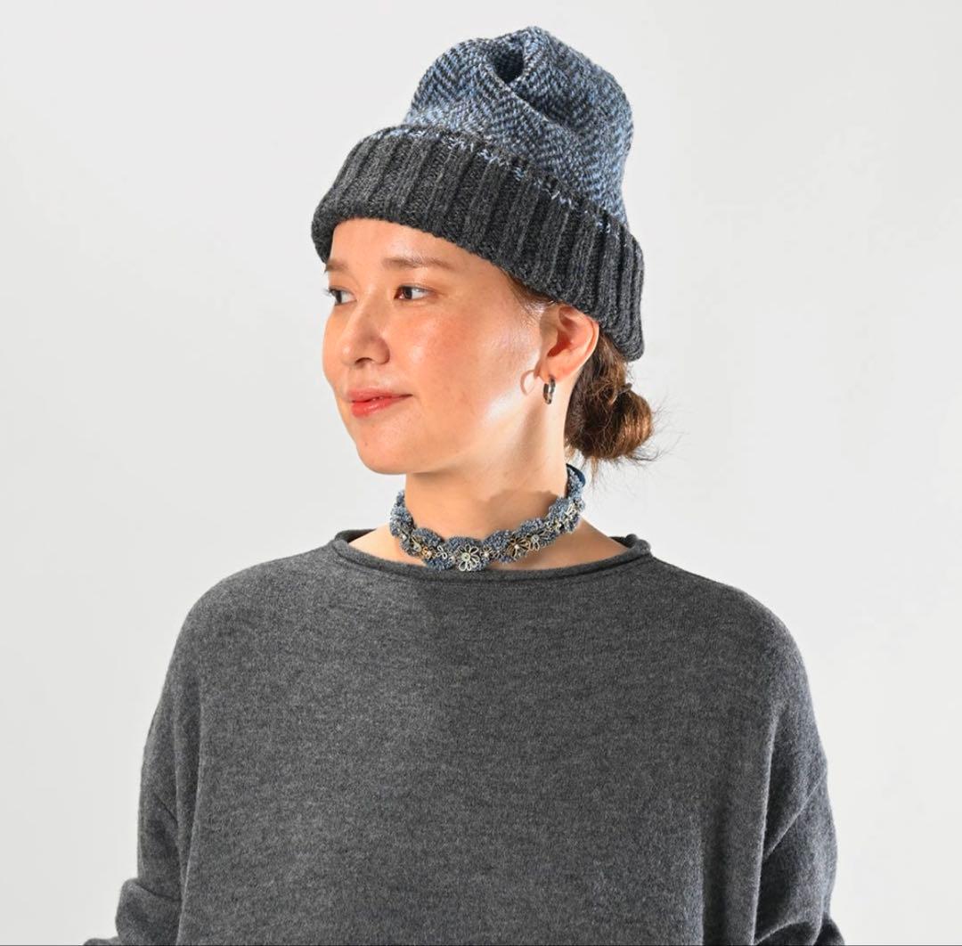 24AW 45Rシェットランドヘリンボンのニット帽 ネイビー系