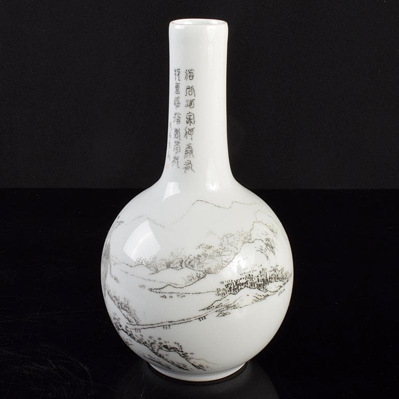 中国　打刻画在銘　漢詩山水人物文　長顎瓶　C　R5058