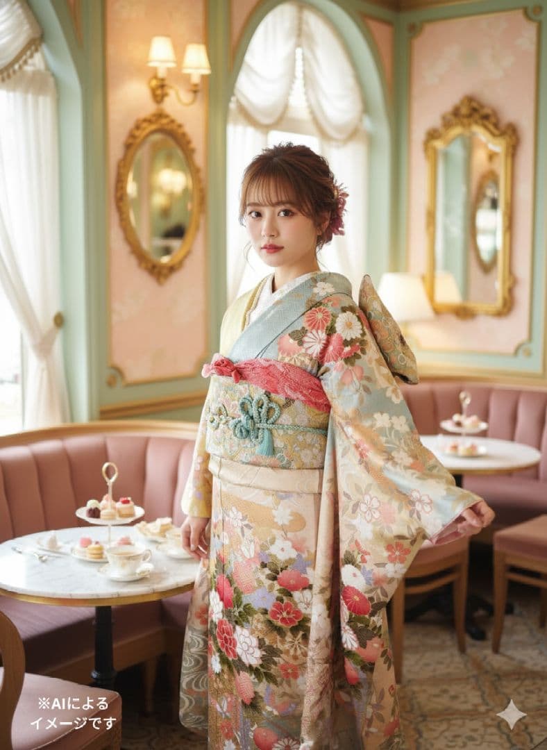 ぷたこ様　427.可憐な振袖7点セット 正絹　フルセット成人式　小田急百貨店誂製