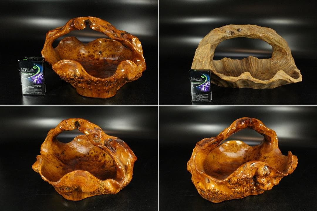 葡萄木 手付 器 木彫 古民具 時代物(K-LC949)