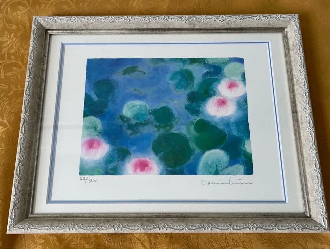 新品額入り　限定版画　ジニー・キム　サイン、エディション番号有り　蓮の池
