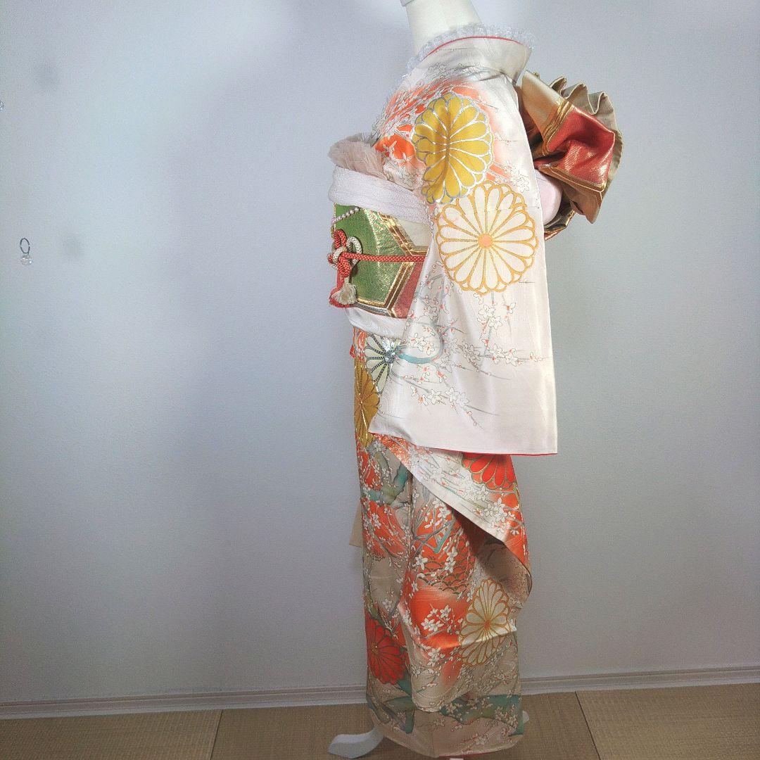 格安！　振袖フルセット　9点　成人式　結婚式　前撮り　ホワイト　オレンジ　高身長