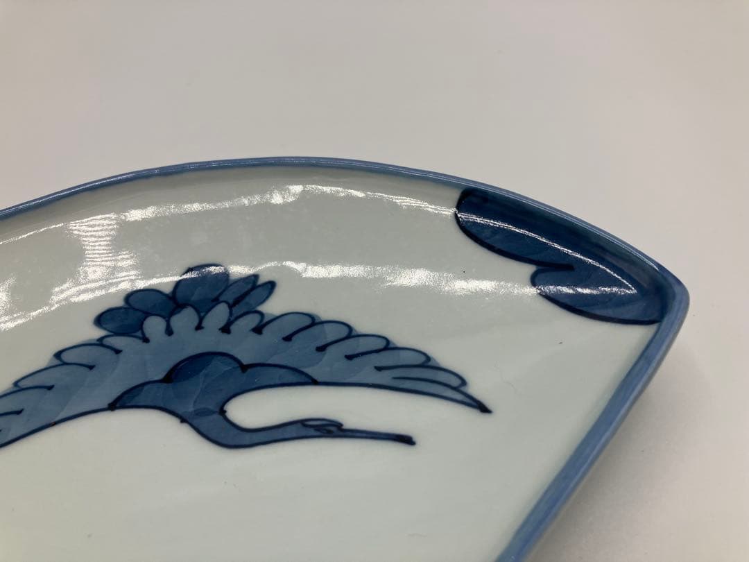 ◯ 有田焼 源右衛門窯 「染付鶴絵 扇形 皿」 3枚セット