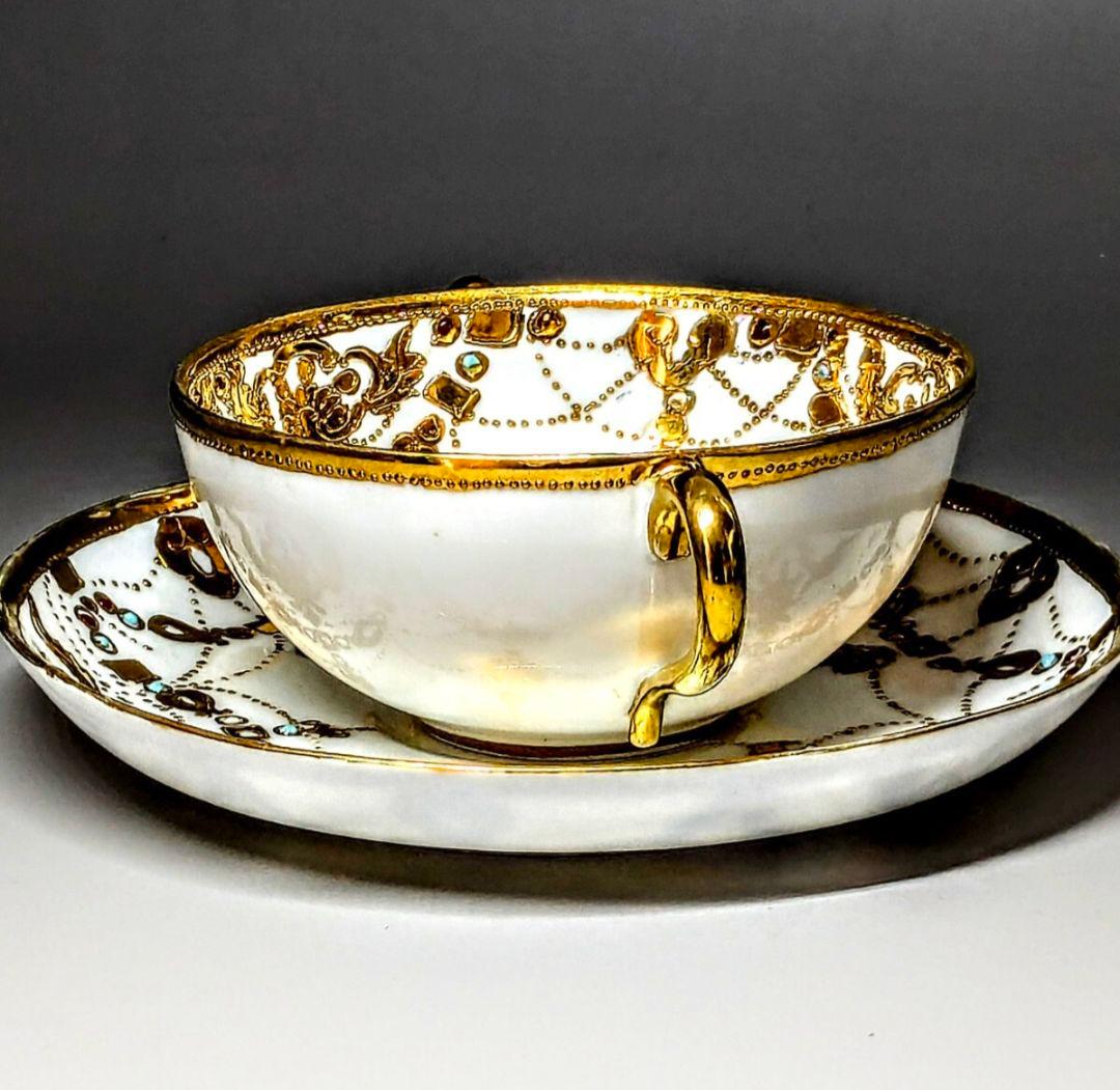 オールドノリタケ　　エナメルビジュー　金盛上　アールヌーボー　カップ＆ソーサー